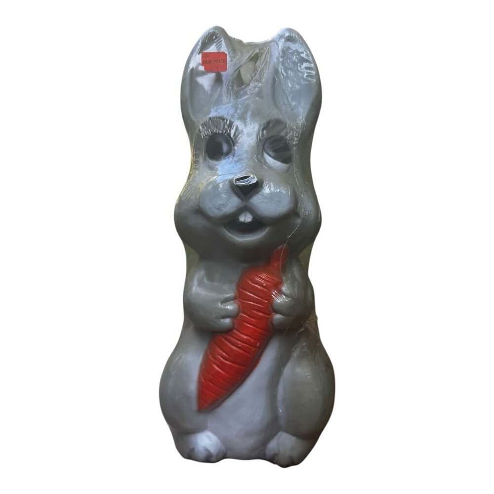Vtg Bunny Blow Mold Holding Carrot Union Products Easter Decor 14" Gray Plastic